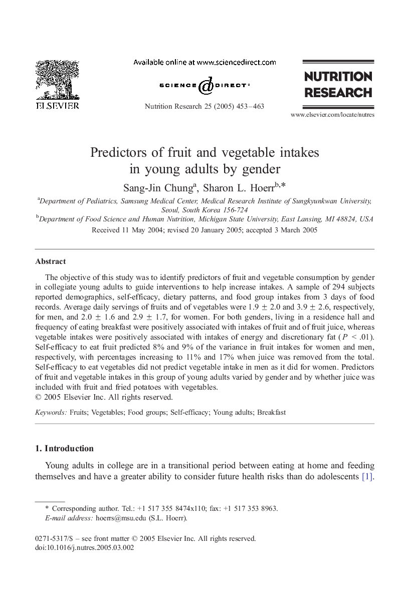 Predictors of fruit and vegetable intakes in young adults by gender