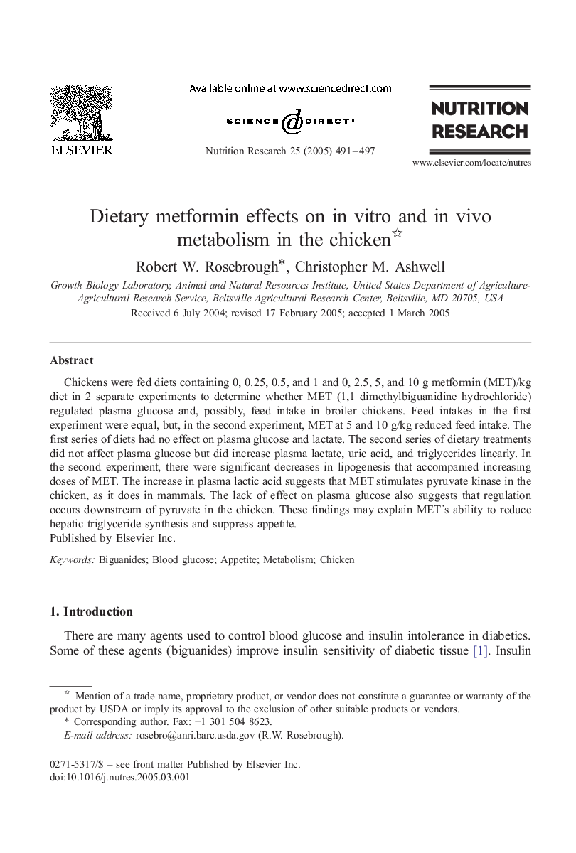 Dietary metformin effects on in vitro and in vivo metabolism in the chicken