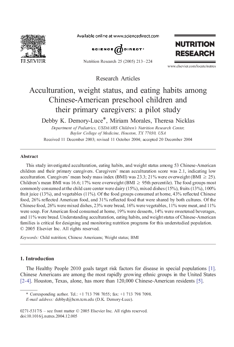 Acculturation, weight status, and eating habits among Chinese-American preschool children and their primary caregivers: a pilot study