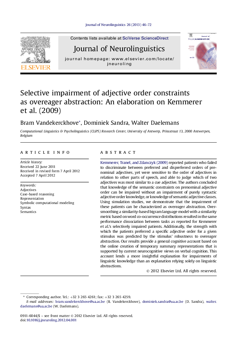 Selective impairment of adjective order constraints as overeager abstraction: An elaboration on Kemmerer et al. (2009)