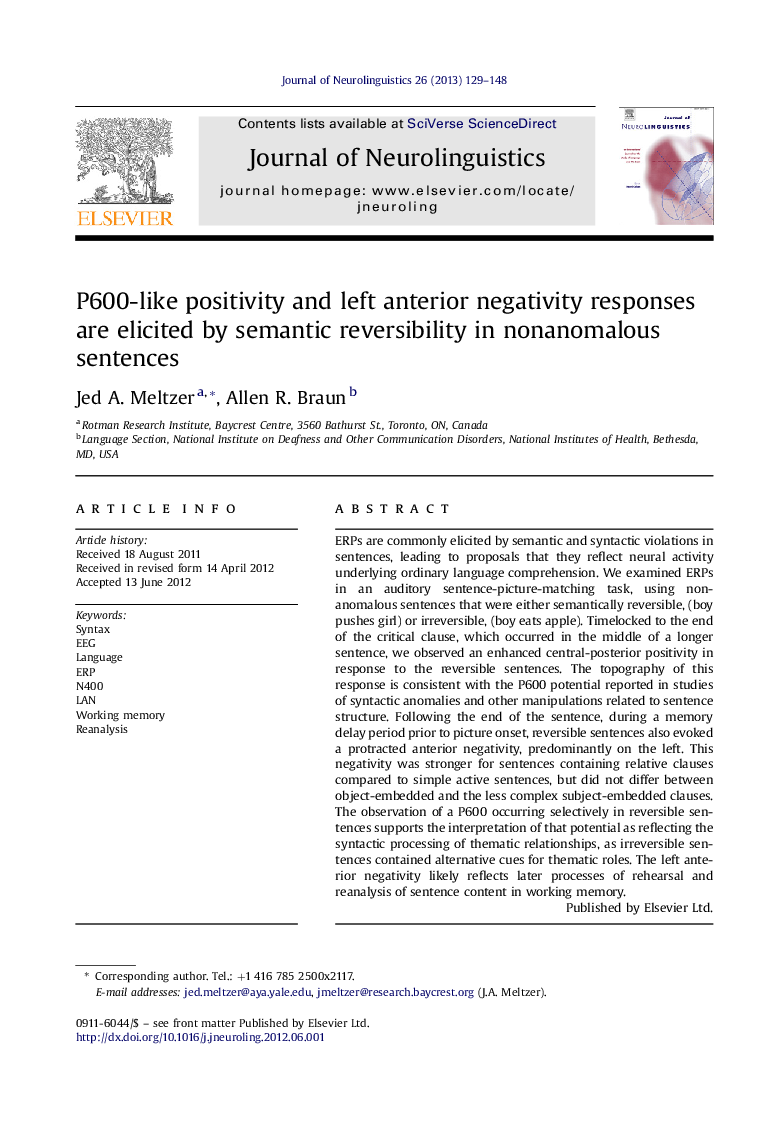 P600-like positivity and left anterior negativity responses are elicited by semantic reversibility in nonanomalous sentences