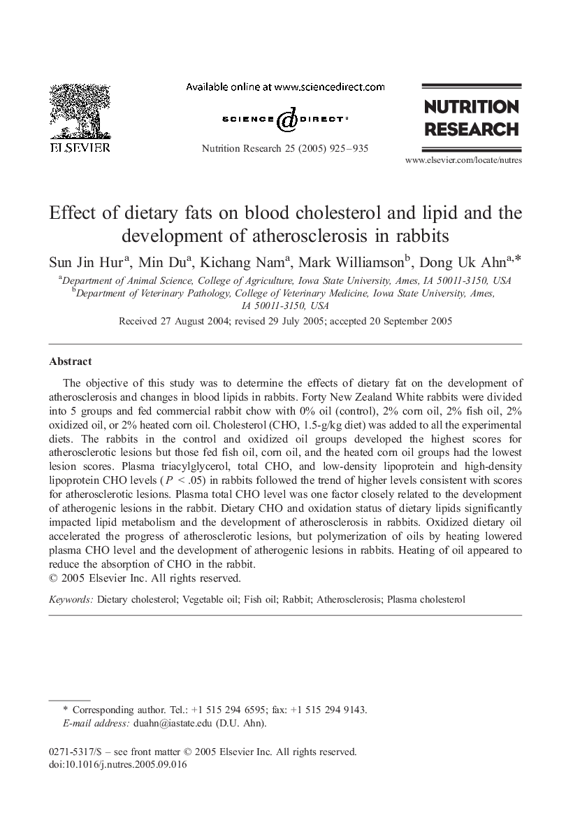 Effect of dietary fats on blood cholesterol and lipid and the development of atherosclerosis in rabbits