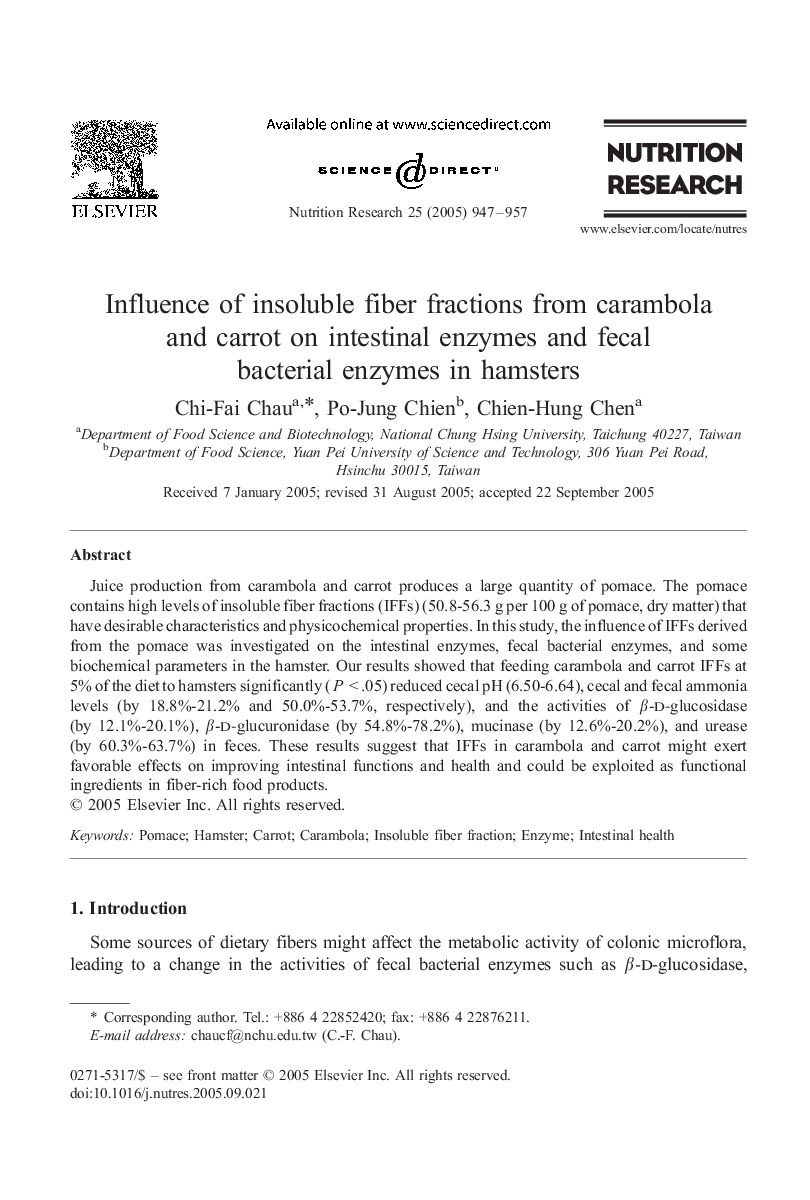 Influence of insoluble fiber fractions from carambola and carrot on intestinal enzymes and fecal bacterial enzymes in hamsters