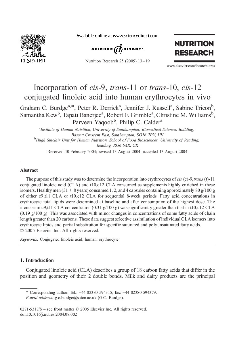 Incorporation of cis-9, trans-11 or trans-10, cis-12 conjugated linoleic acid into human erythrocytes in vivo