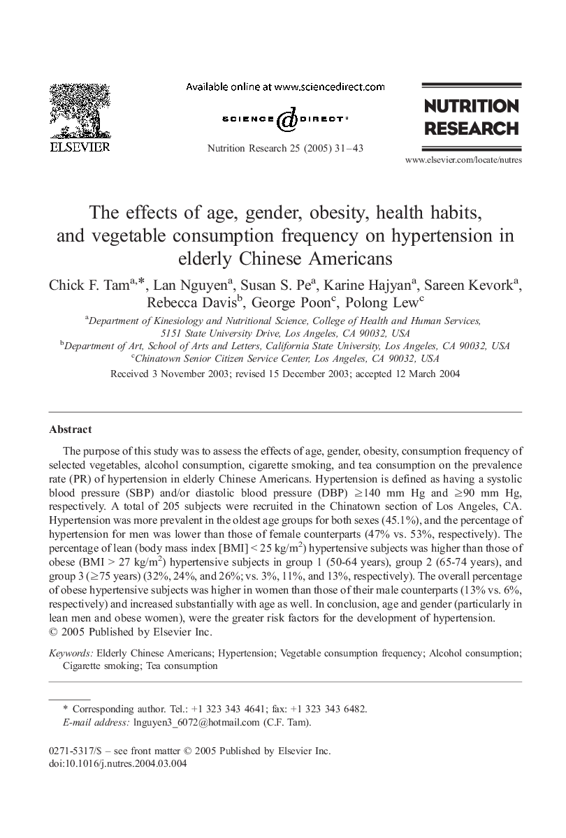 The effects of age, gender, obesity, health habits, and vegetable consumption frequency on hypertension in elderly Chinese Americans