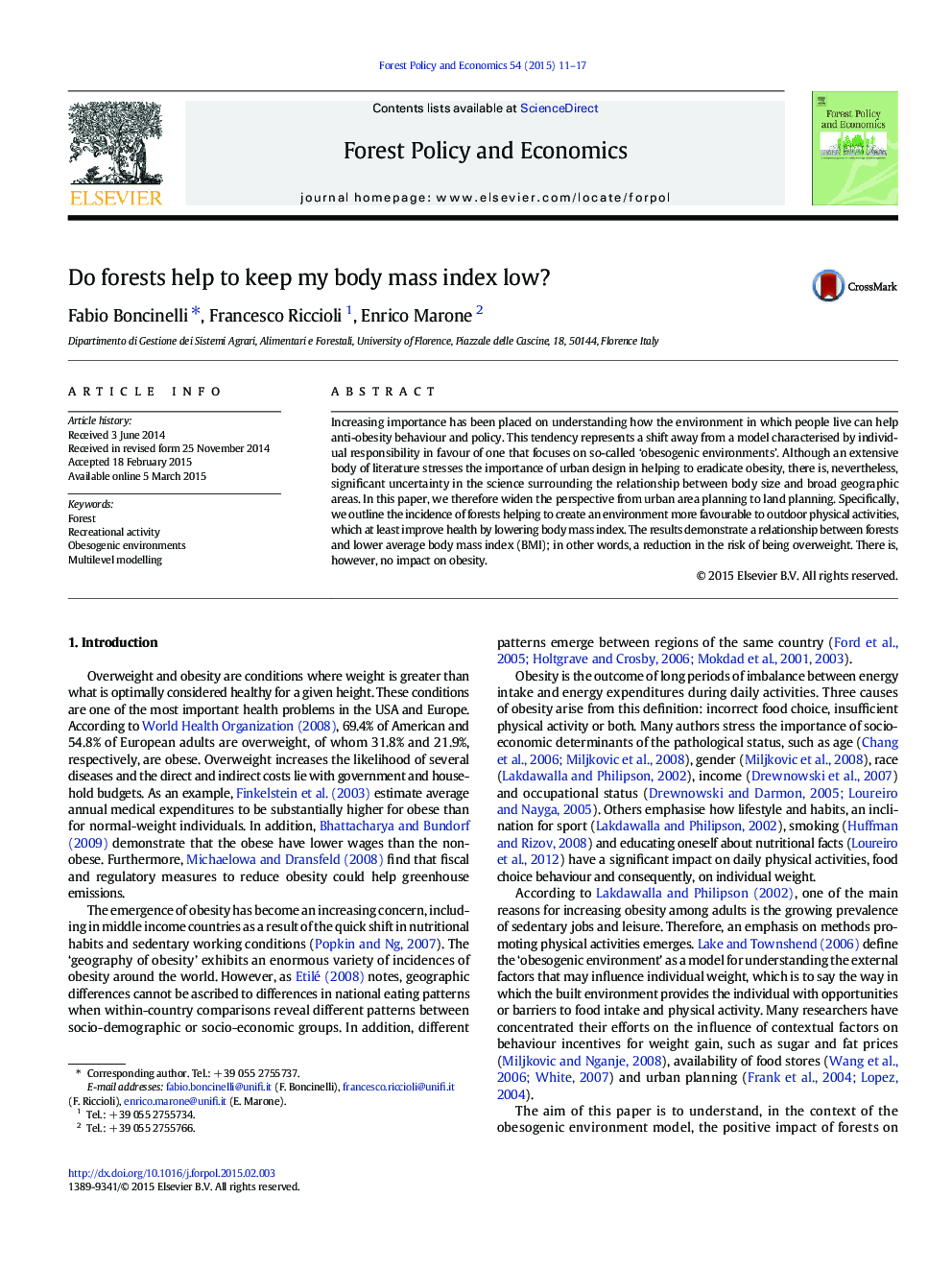 Do forests help to keep my body mass index low?