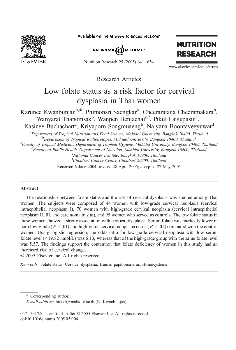 Low folate status as a risk factor for cervical dysplasia in Thai women