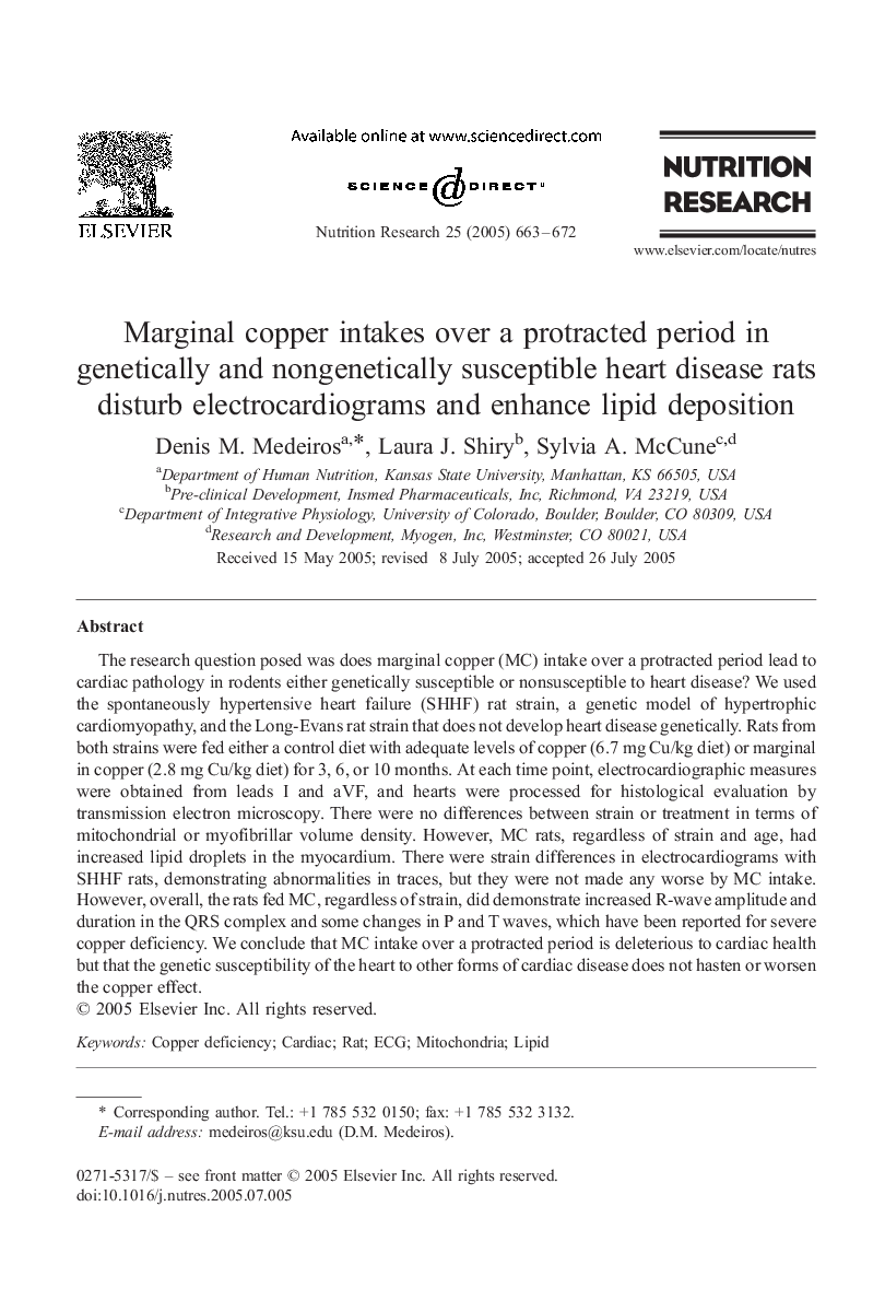 Marginal copper intakes over a protracted period in genetically and nongenetically susceptible heart disease rats disturb electrocardiograms and enhance lipid deposition