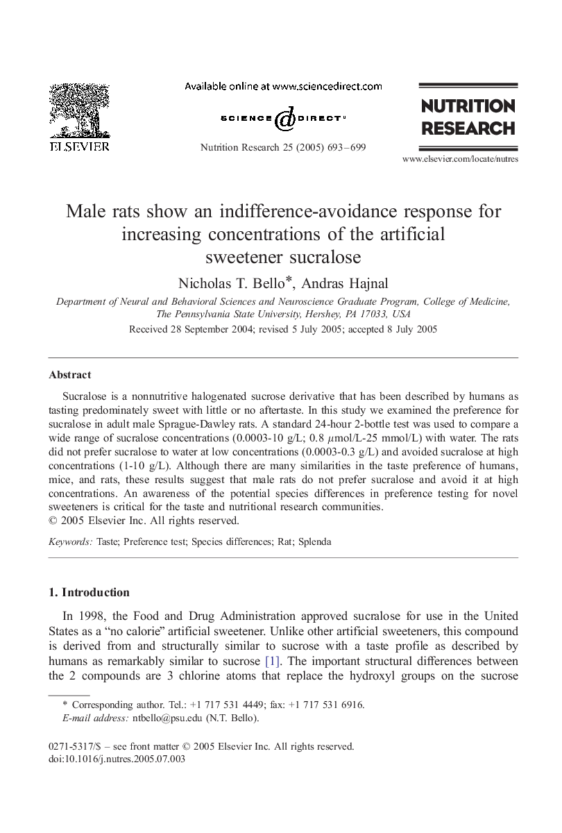 Male rats show an indifference-avoidance response for increasing concentrations of the artificial sweetener sucralose