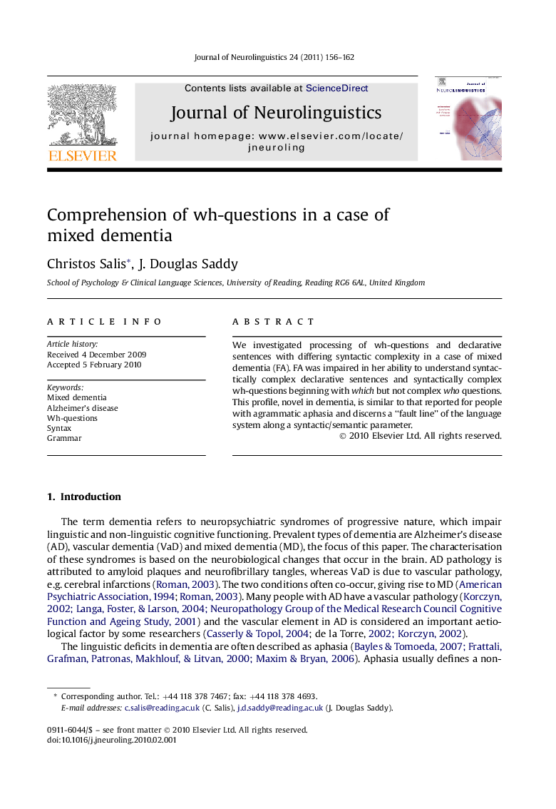 Comprehension of wh-questions in a case of mixed dementia