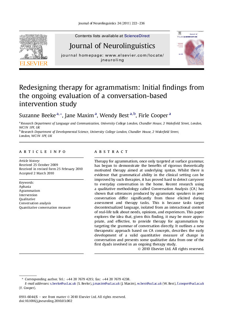 Redesigning therapy for agrammatism: Initial findings from the ongoing evaluation of a conversation-based intervention study