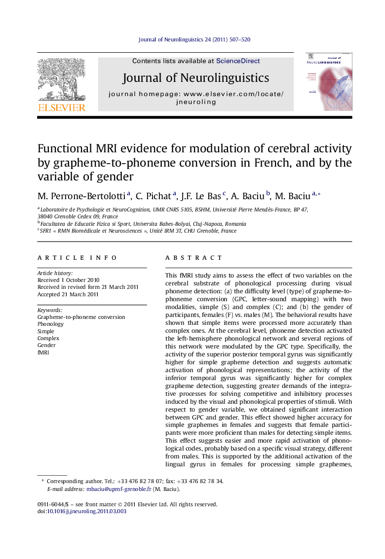 Functional MRI evidence for modulation of cerebral activity by grapheme-to-phoneme conversion in French, and by the variable of gender