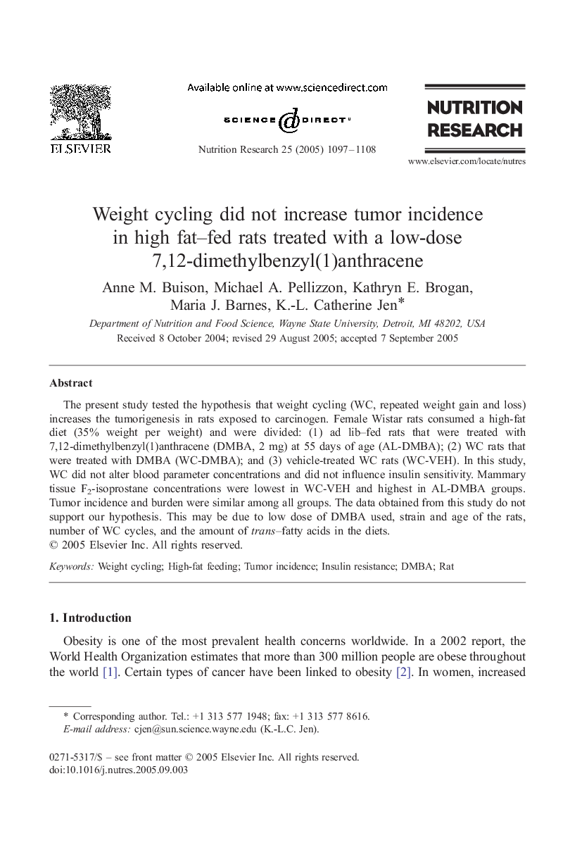 Weight cycling did not increase tumor incidence in high fat-fed rats treated with a low-dose 7,12-dimethylbenzyl(1)anthracene