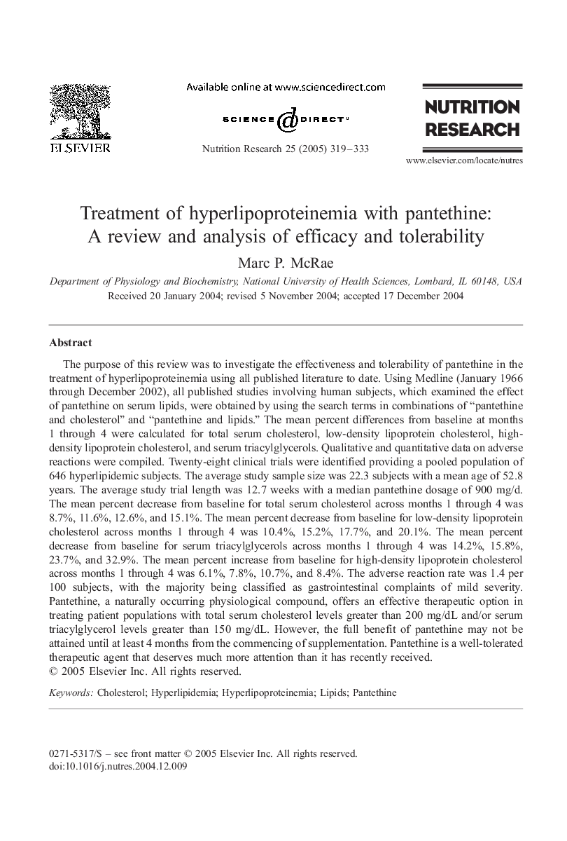 Treatment of hyperlipoproteinemia with pantethine: A review and analysis of efficacy and tolerability