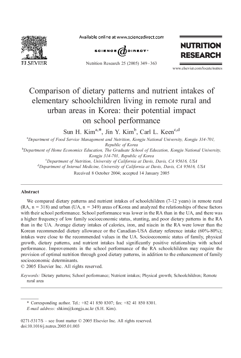 Comparison of dietary patterns and nutrient intakes of elementary schoolchildren living in remote rural and urban areas in Korea: their potential impact on school performance