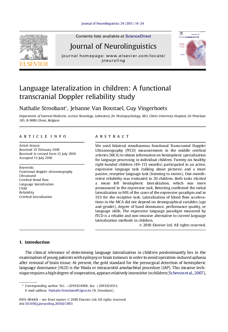 Language lateralization in children: A functional transcranial Doppler reliability study