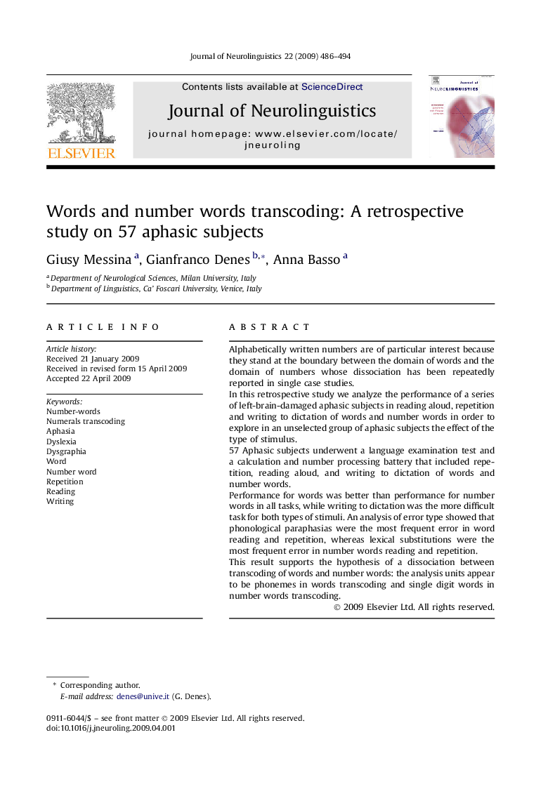 Words and number words transcoding: A retrospective study on 57 aphasic subjects