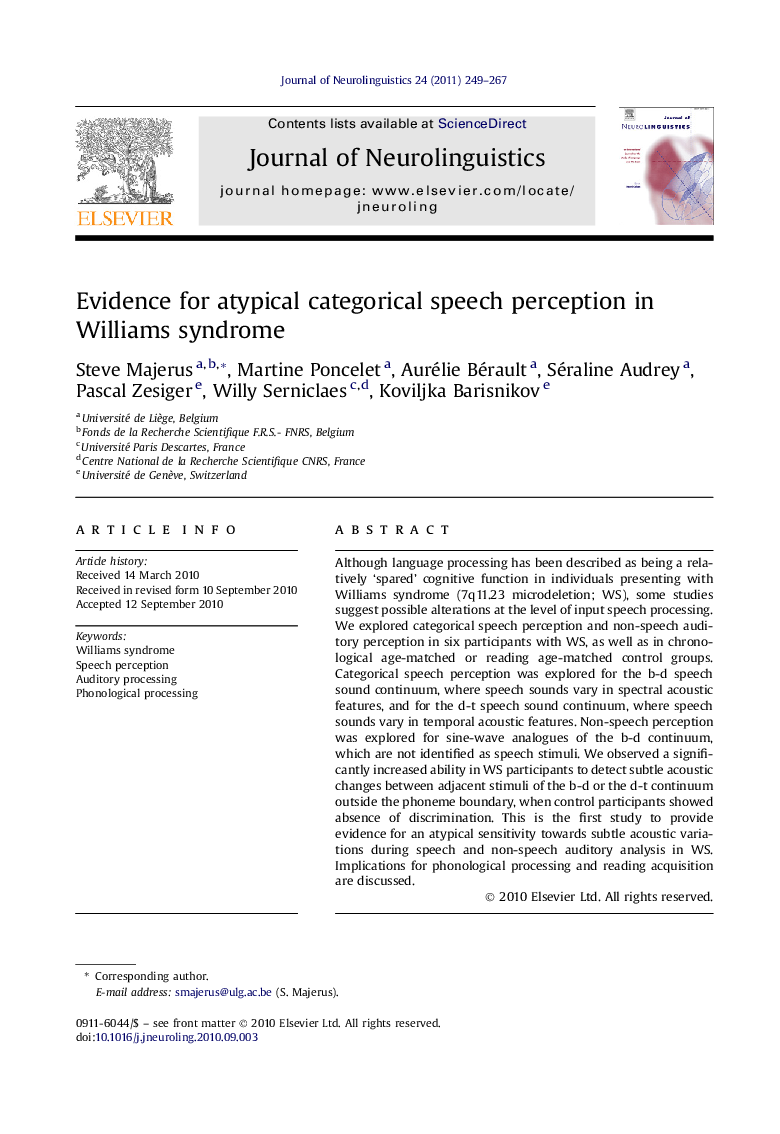 Evidence for atypical categorical speech perception in Williams syndrome