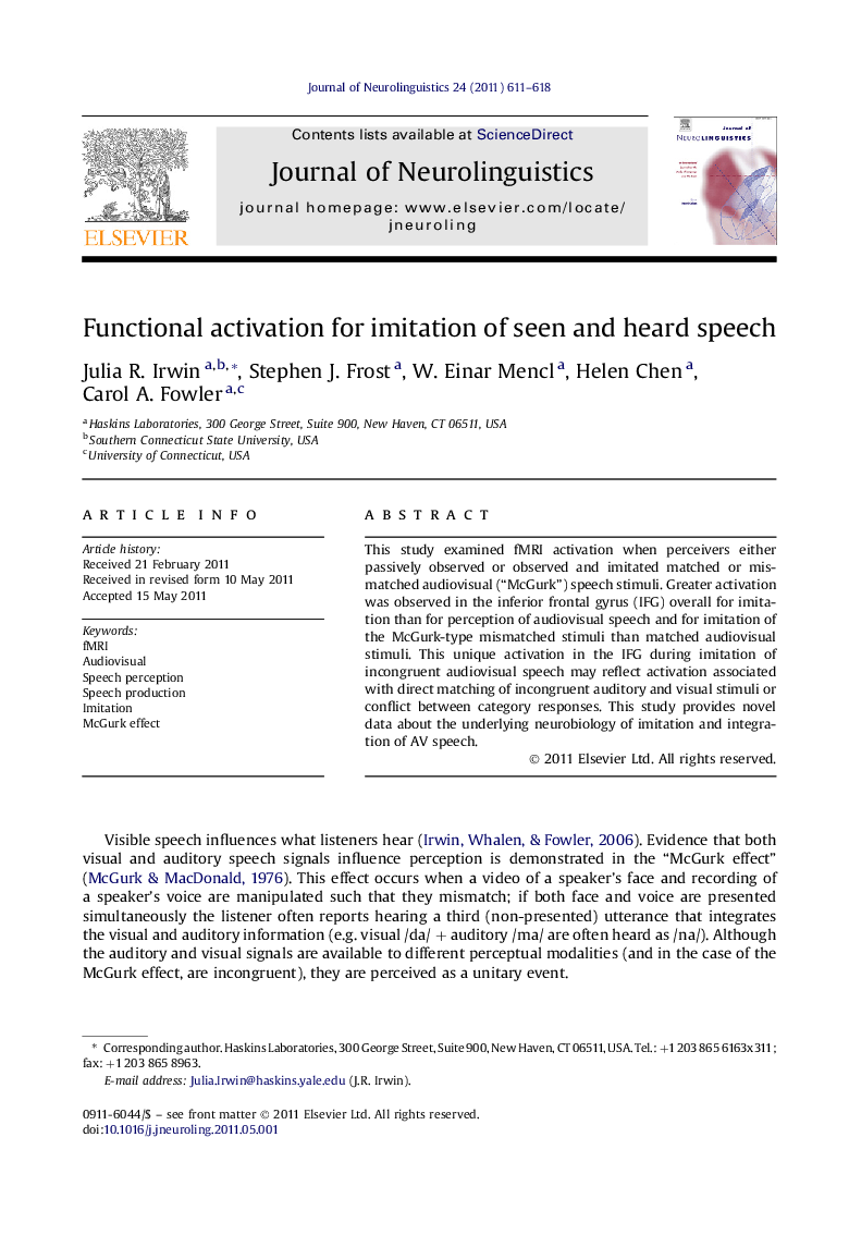 Functional activation for imitation of seen and heard speech