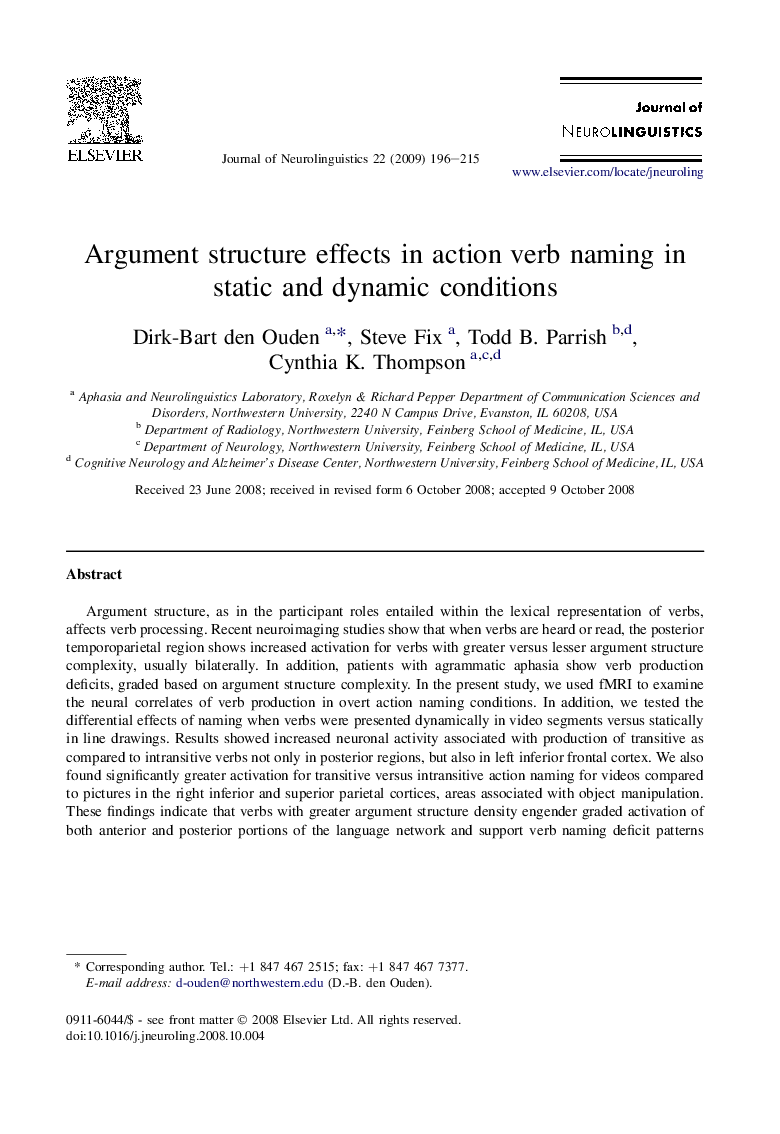 Argument structure effects in action verb naming in static and dynamic conditions