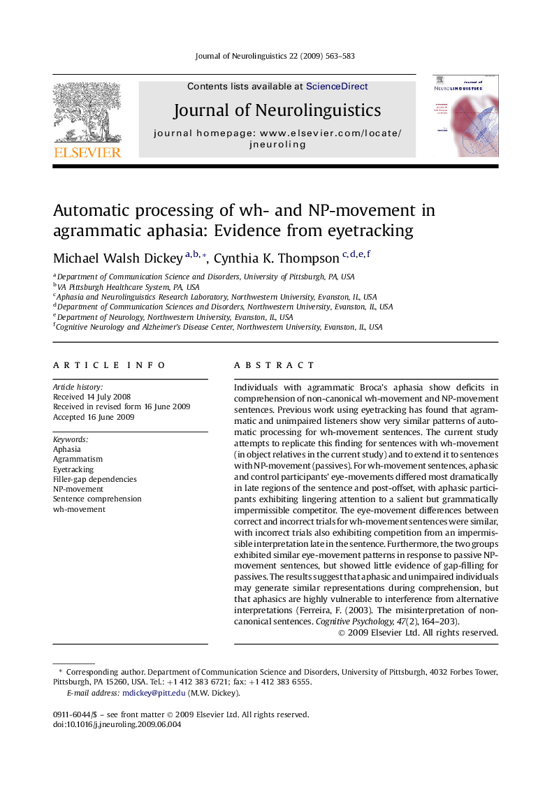 Automatic processing of wh- and NP-movement in agrammatic aphasia: Evidence from eyetracking