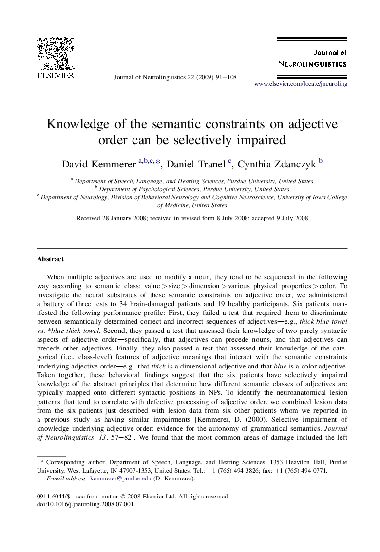 Knowledge of the semantic constraints on adjective order can be selectively impaired