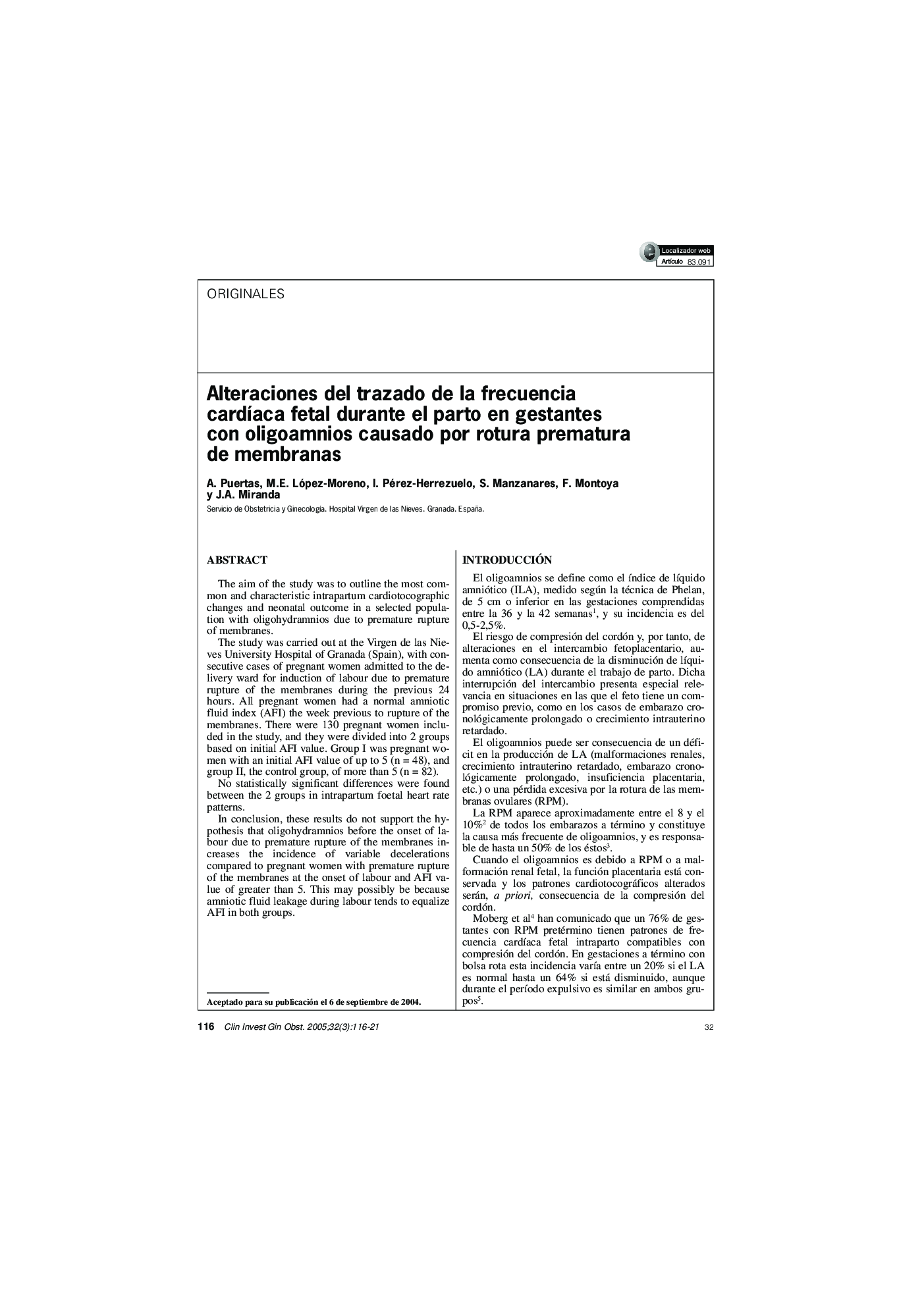 Alteraciones del trazado de la frecuencia cardÃ­aca fetal durante el parto en gestantes con oligoamnios causado por rotura prematura de membranas