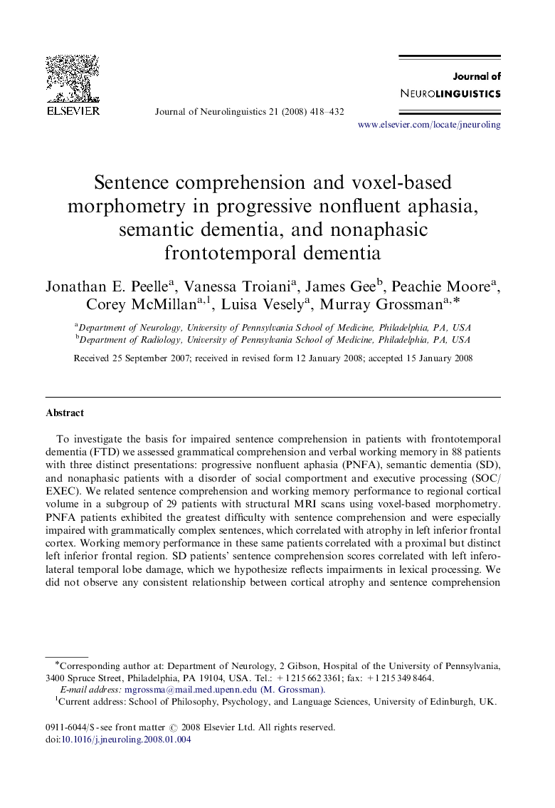 Sentence comprehension and voxel-based morphometry in progressive nonfluent aphasia, semantic dementia, and nonaphasic frontotemporal dementia