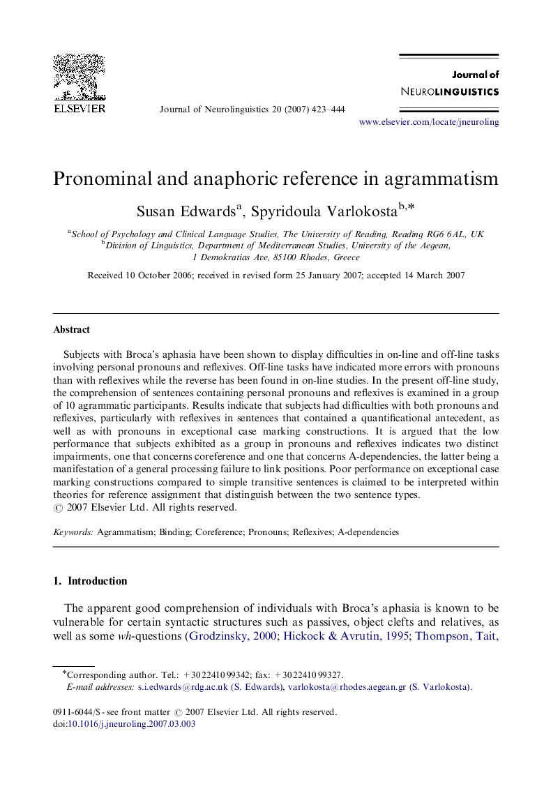 Pronominal and anaphoric reference in agrammatism