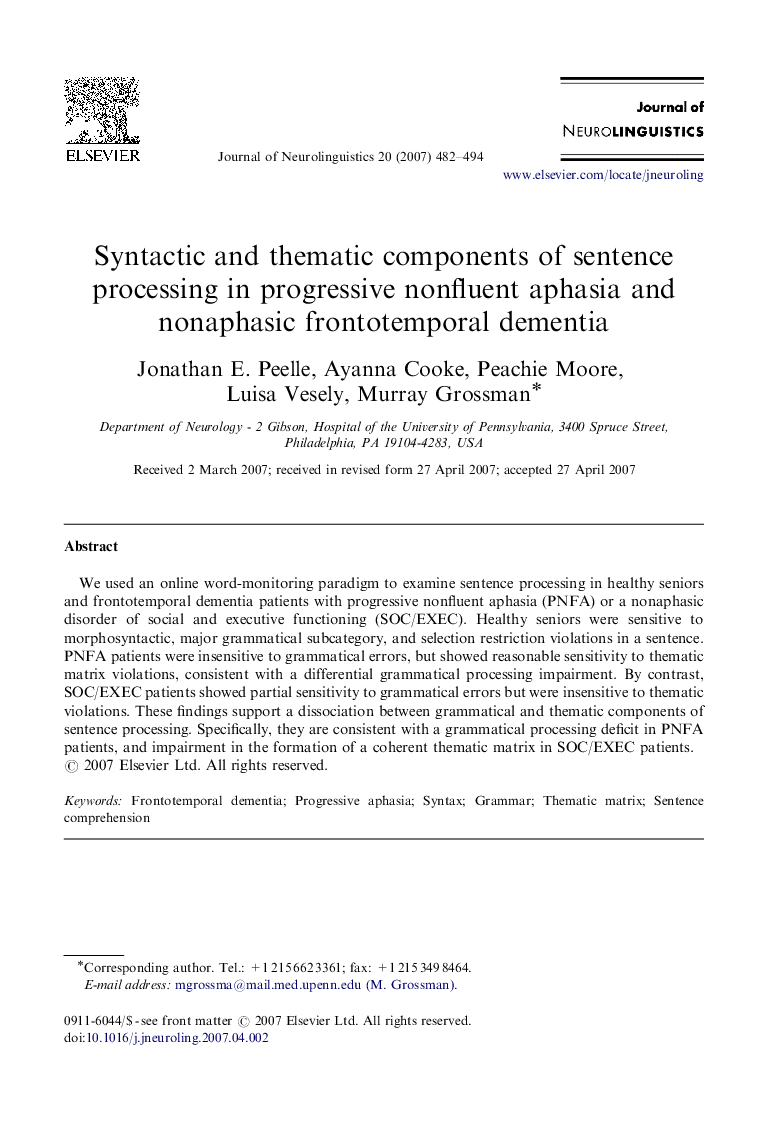 Syntactic and thematic components of sentence processing in progressive nonfluent aphasia and nonaphasic frontotemporal dementia