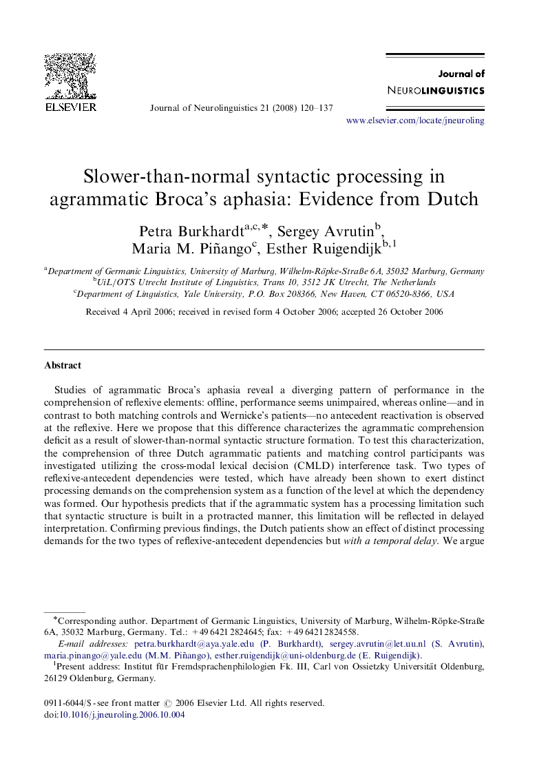 Slower-than-normal syntactic processing in agrammatic Broca's aphasia: Evidence from Dutch