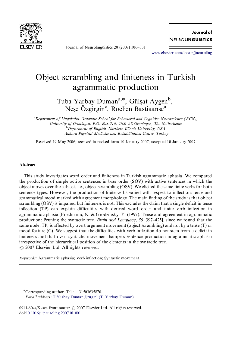 Object scrambling and finiteness in Turkish agrammatic production
