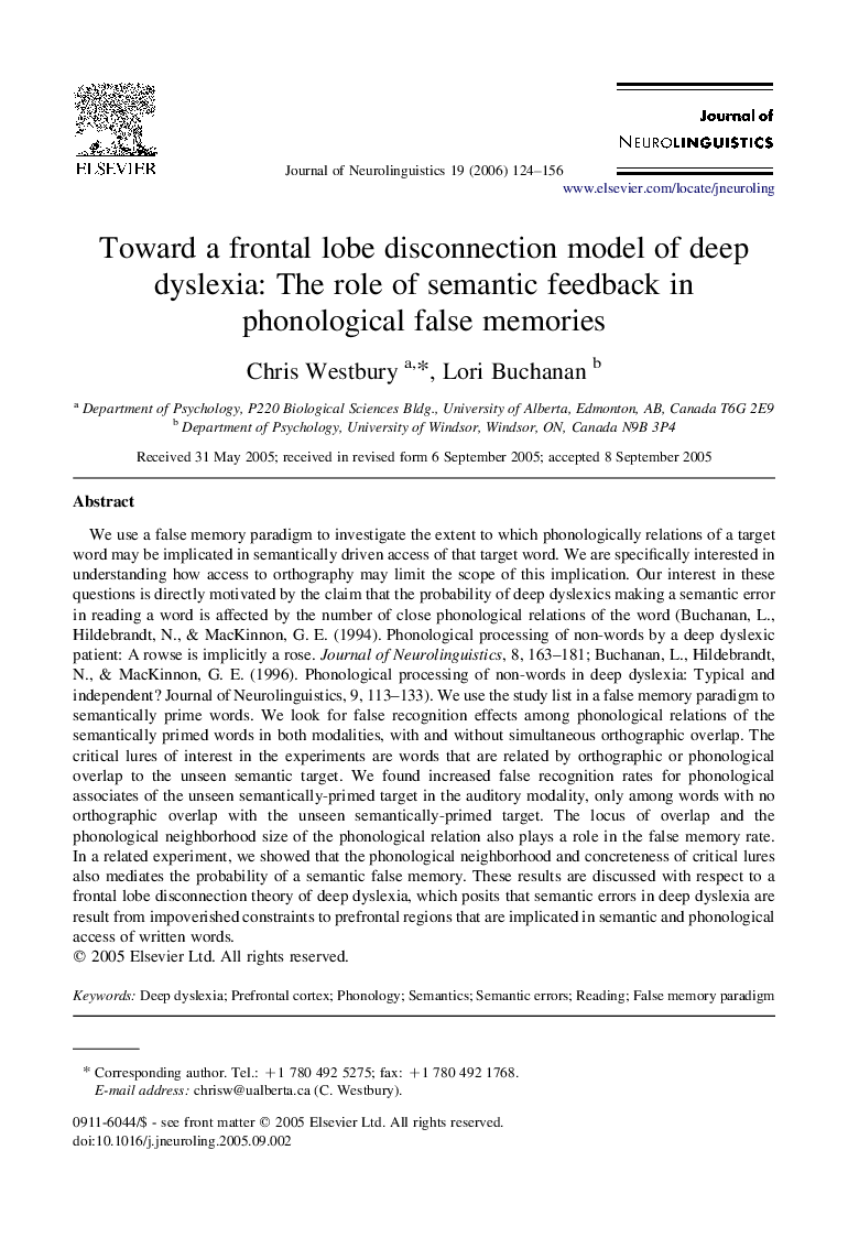 Toward a frontal lobe disconnection model of deep dyslexia: The role of semantic feedback in phonological false memories