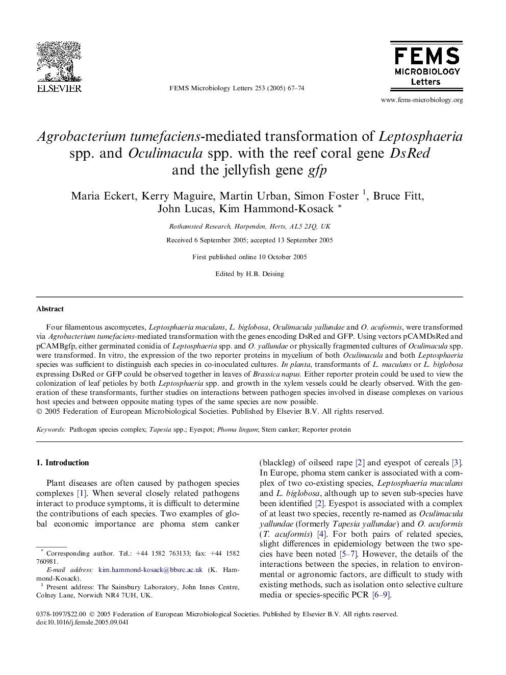 Agrobacterium tumefaciens-mediated transformation of Leptosphaeria spp. and Oculimacula spp. with the reef coral gene DsRed and the jellyfish gene gfp