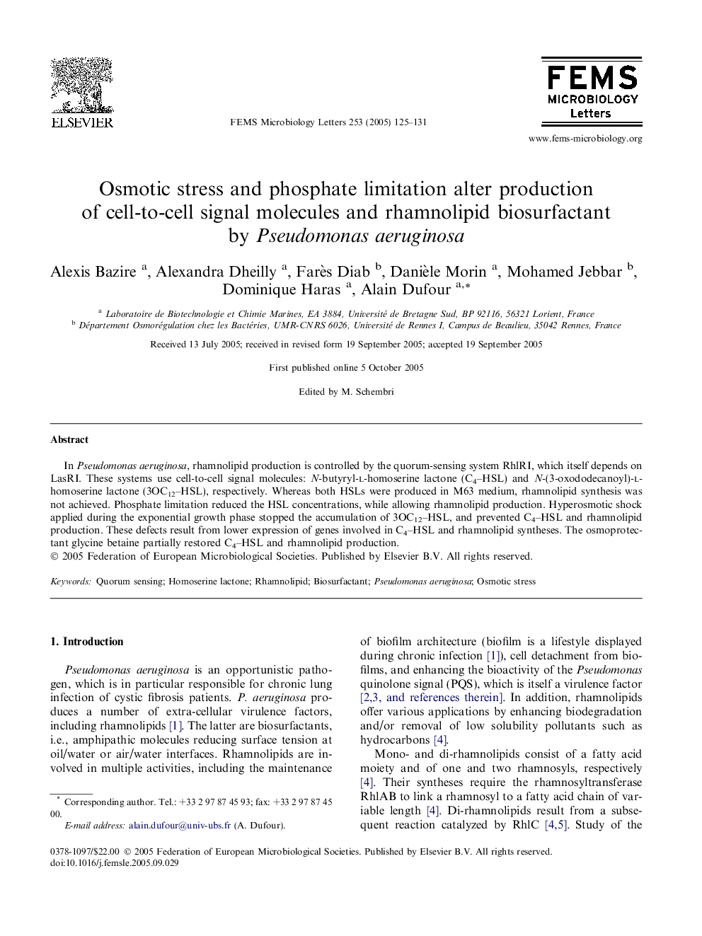 Osmotic stress and phosphate limitation alter production of cell-to-cell signal molecules and rhamnolipid biosurfactant by Pseudomonas aeruginosa