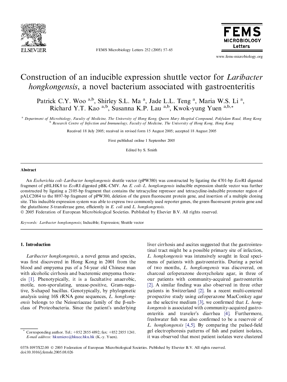 Construction of an inducible expression shuttle vector for Laribacter hongkongensis, a novel bacterium associated with gastroenteritis