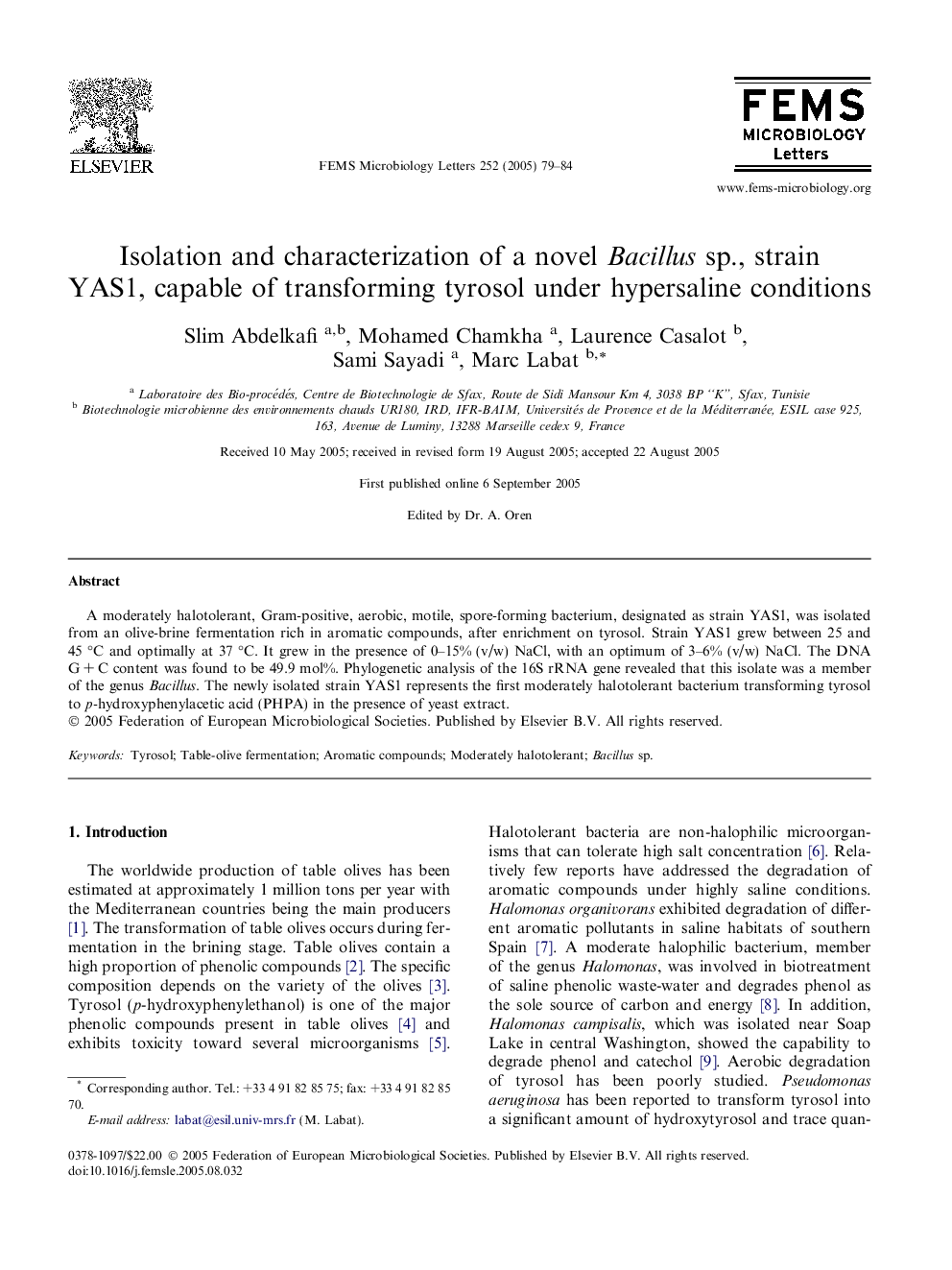 Isolation and characterization of a novel Bacillus sp., strain YAS1, capable of transforming tyrosol under hypersaline conditions