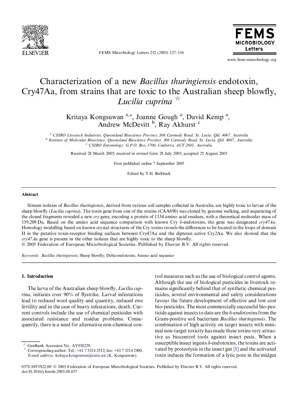 Characterization of a new Bacillus thuringiensis endotoxin, Cry47Aa, from strains that are toxic to the Australian sheep blowfly, Lucilia cuprina