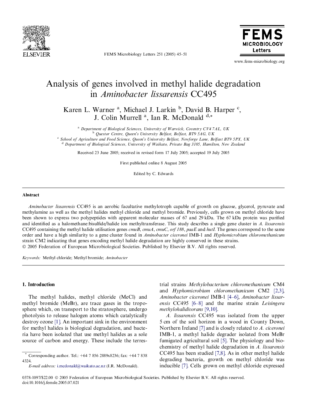 Analysis of genes involved in methyl halide degradation in Aminobacter lissarensis CC495