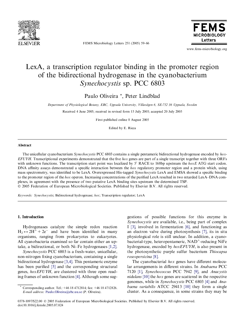 LexA, a transcription regulator binding in the promoter region of the bidirectional hydrogenase in the cyanobacterium Synechocystis sp. PCC 6803