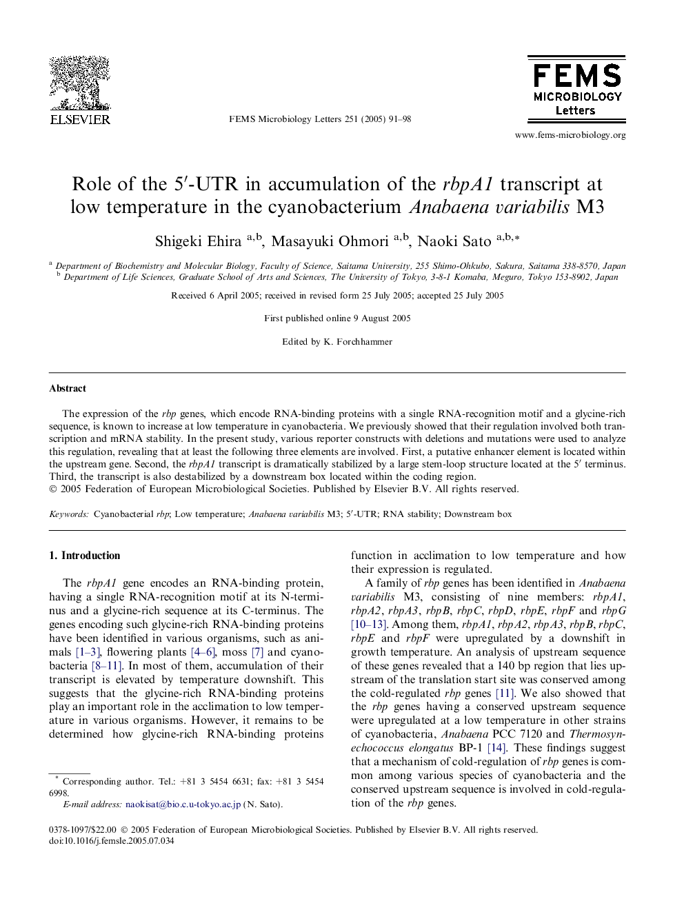 Role of the 5â²-UTR in accumulation of the rbpA1 transcript at low temperature in the cyanobacterium Anabaena variabilis M3