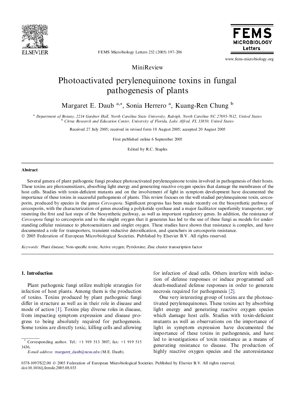 Photoactivated perylenequinone toxins in fungal pathogenesis of plants