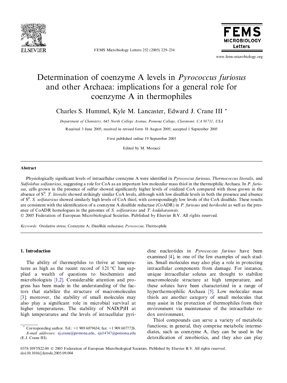 Determination of coenzyme A levels in Pyrococcus furiosus and other Archaea: implications for a general role for coenzyme A in thermophiles