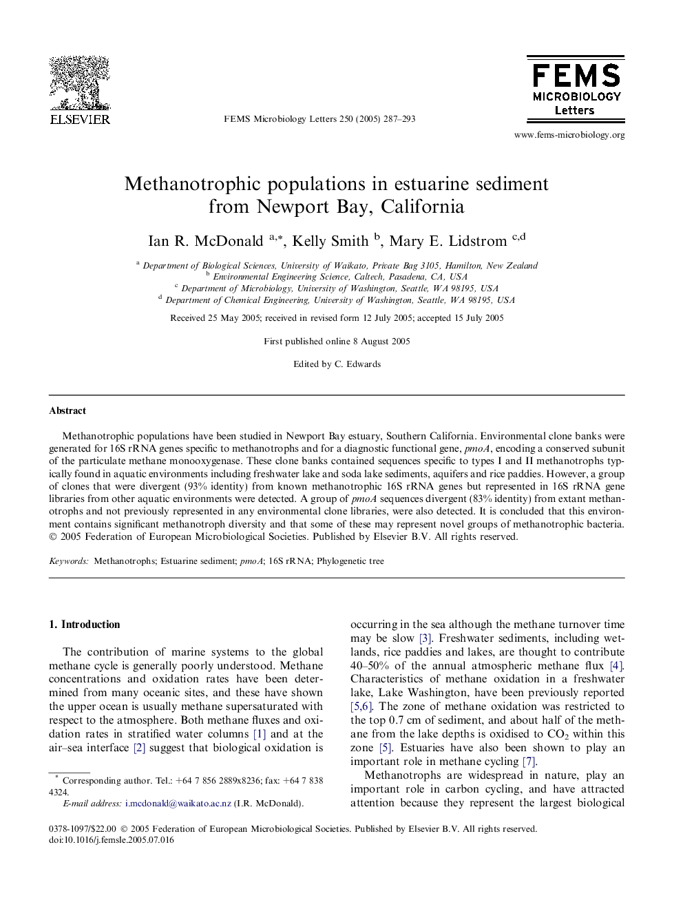 Methanotrophic populations in estuarine sediment from Newport Bay, California