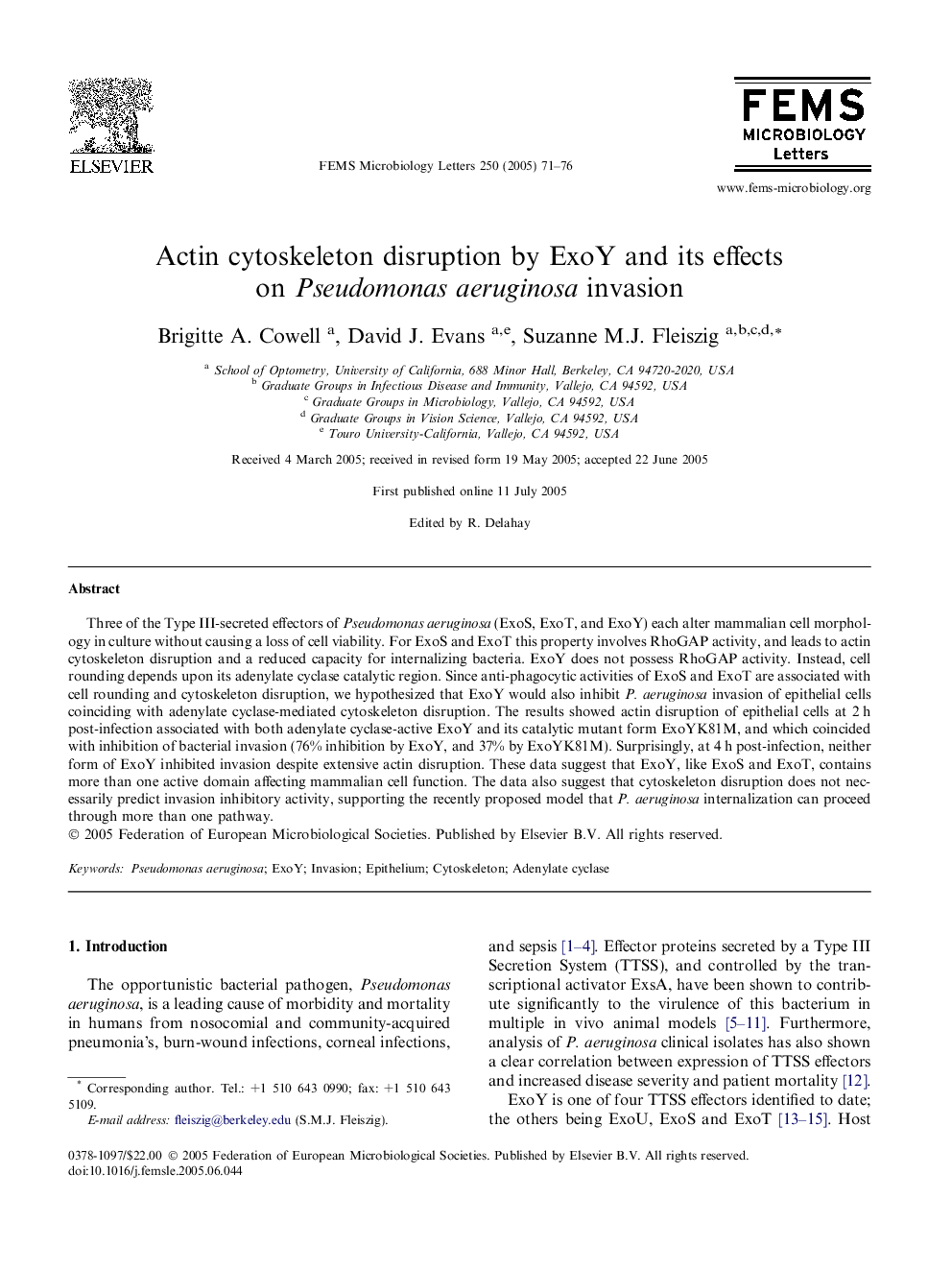 Actin cytoskeleton disruption by ExoY and its effects on Pseudomonas aeruginosa invasion