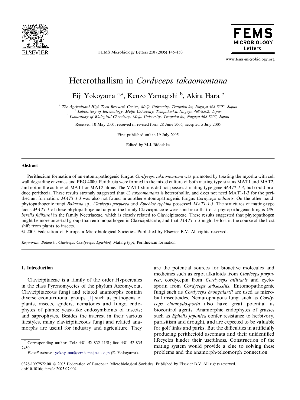 Heterothallism in Cordyceps takaomontana