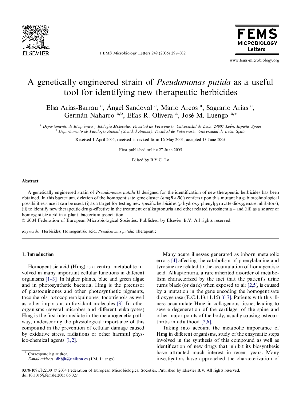 عکس صفحه اول مقاله: A genetically engineered strain of Pseudomonas putida as a useful tool for identifying new therapeutic herbicides A genetically engineered strain of Pseudomonas putida as a useful tool for identifying new therapeutic herbicides