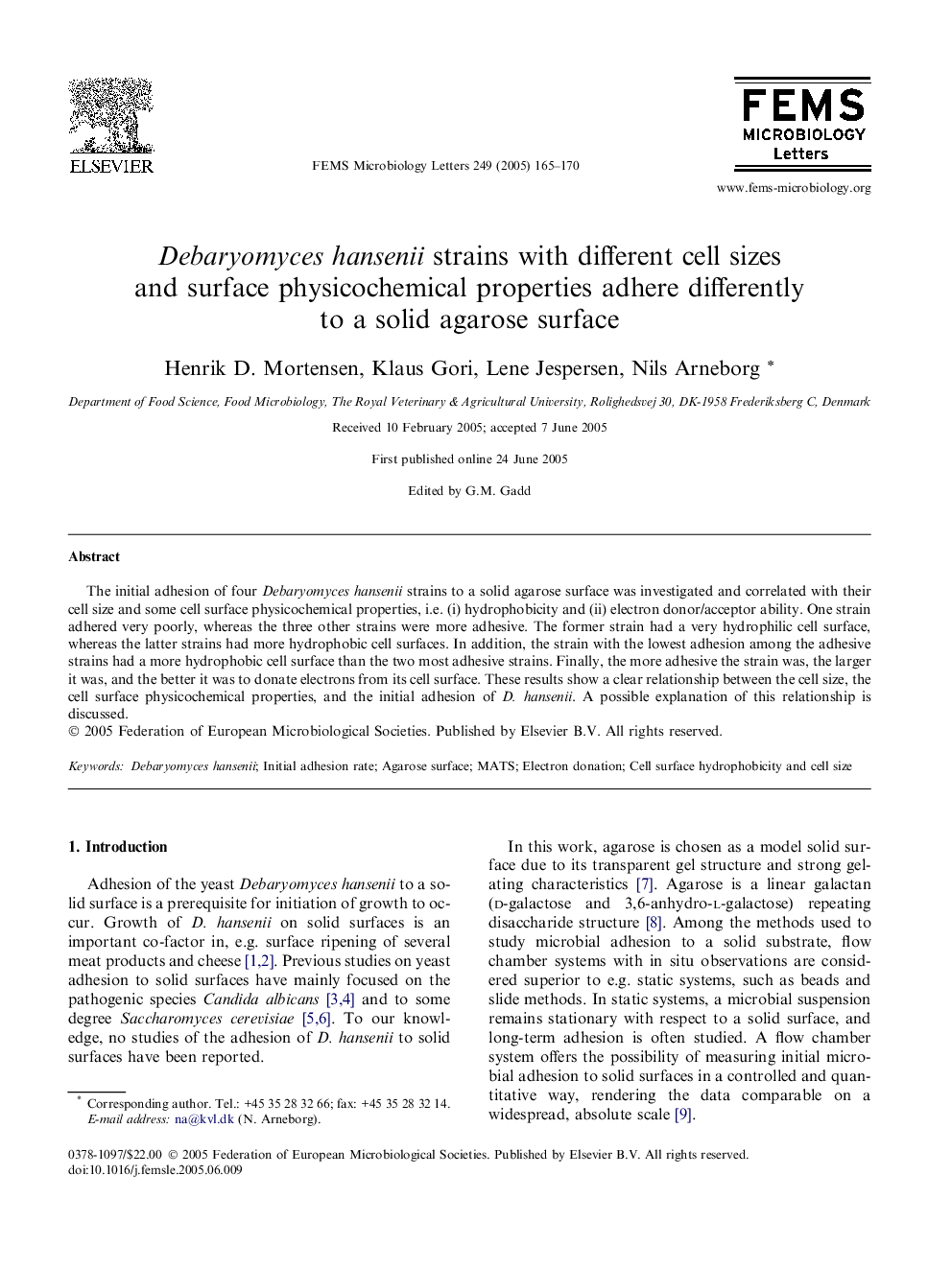 Debaryomyces hansenii strains with different cell sizes and surface physicochemical properties adhere differently to a solid agarose surface