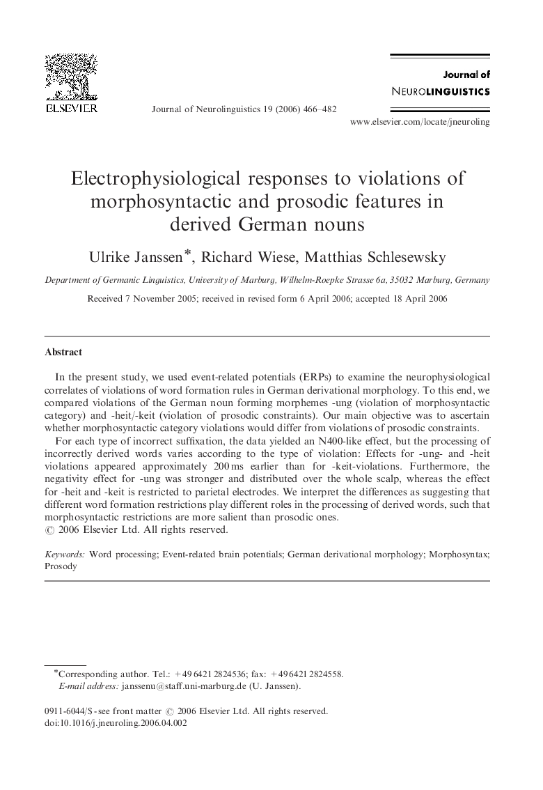 Electrophysiological responses to violations of morphosyntactic and prosodic features in derived German nouns