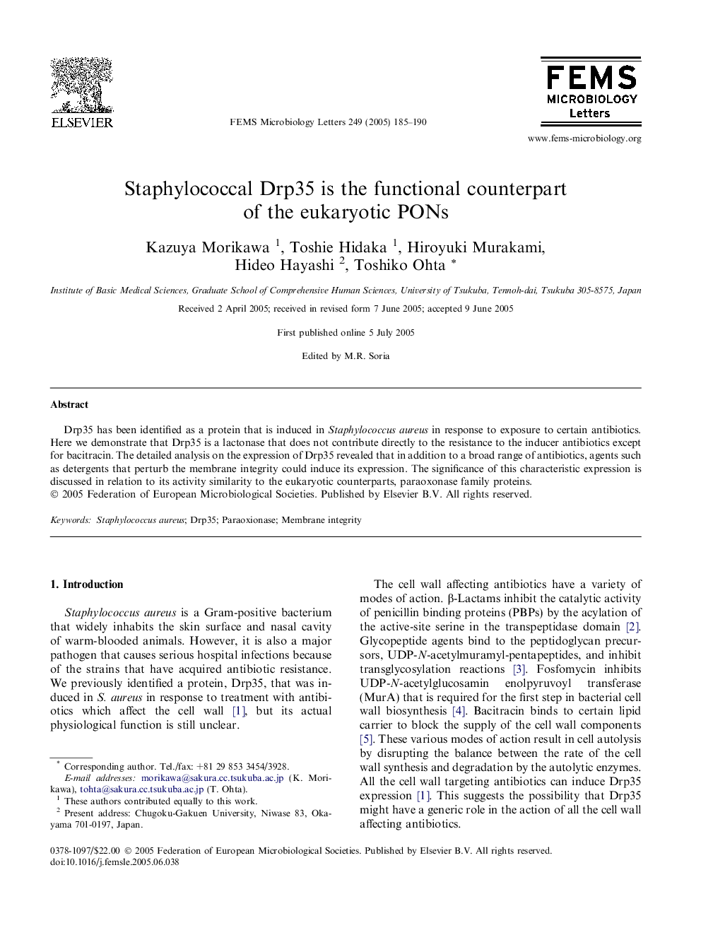 Staphylococcal Drp35 is the functional counterpart of the eukaryotic PONs